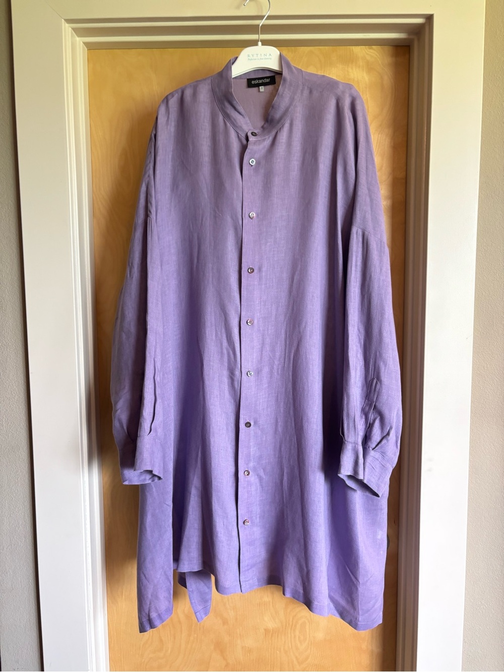 eskandar Purple Linen Oversized Shirt Mandarin Collar High-Low Size 2X